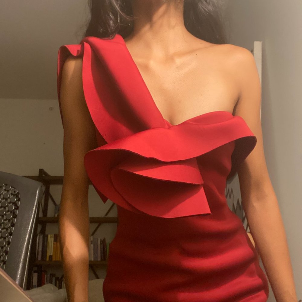 Asymmetrical Badgley Mischka Short Red Cocktail Dress (size 0/2)